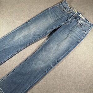 TK Axel Slim Bootcut Jeans Mens 32x32 Blue Distressed Embroidered Flap Pockets